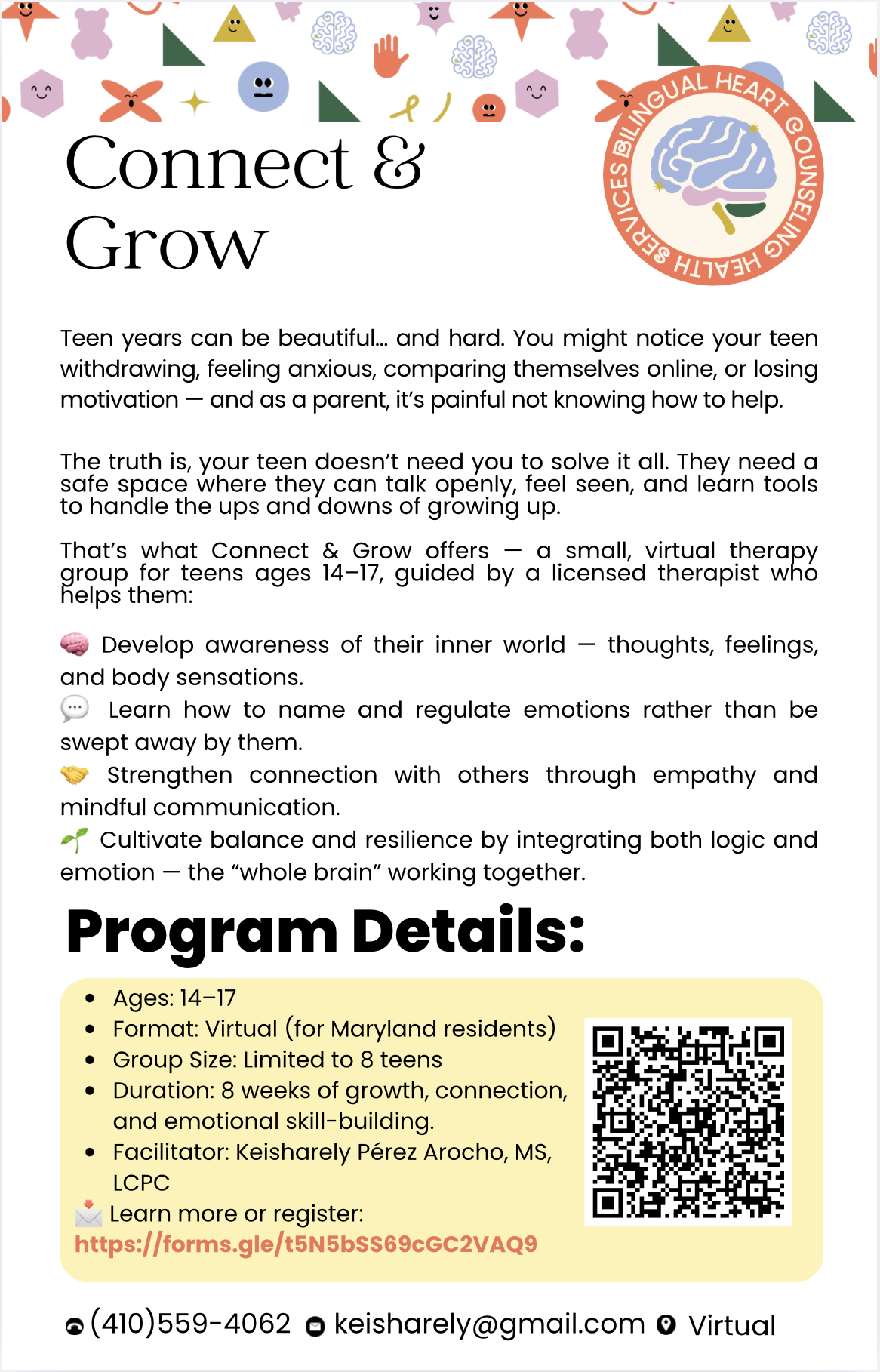 “Connect & Grow virtual therapy group flyer for teens ages 14–17, offering emotional awareness, emotion regulation, empathy, and resilience skills, led by licensed therapist Keisharely Pérez Arocho, LCPC.