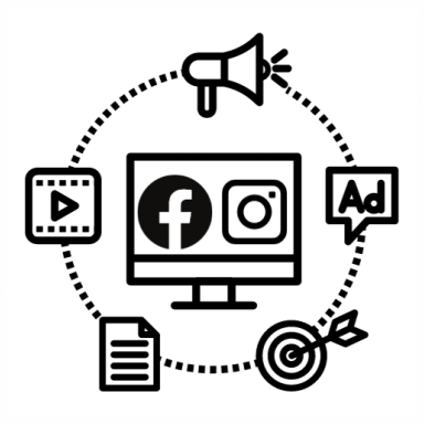 Icons representing digital marketing and social media, including a computer monitor with Facebook and Instagram logos, a megaphone, a document, a target, a video player, and an advertisement bubble, arranged in a circular pattern.