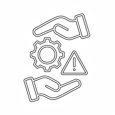 Line drawing of two hands, a gear, a warning triangle, and a wrench.