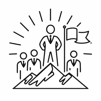 Line drawing of a businessman standing on a mountain peak with a flag, surrounded by three colleagues, representing leadership and teamwork.