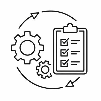 Line drawing of gears and a clipboard with checkmarks, representing process or task management.