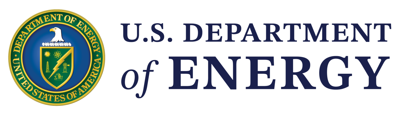 U.S. Department of Energy logo with emblem featuring a white eagle, a shield with a lightning bolt, electrical symbols, and the words 'U.S. Department of Energy' and 'United States of America' around the shield.