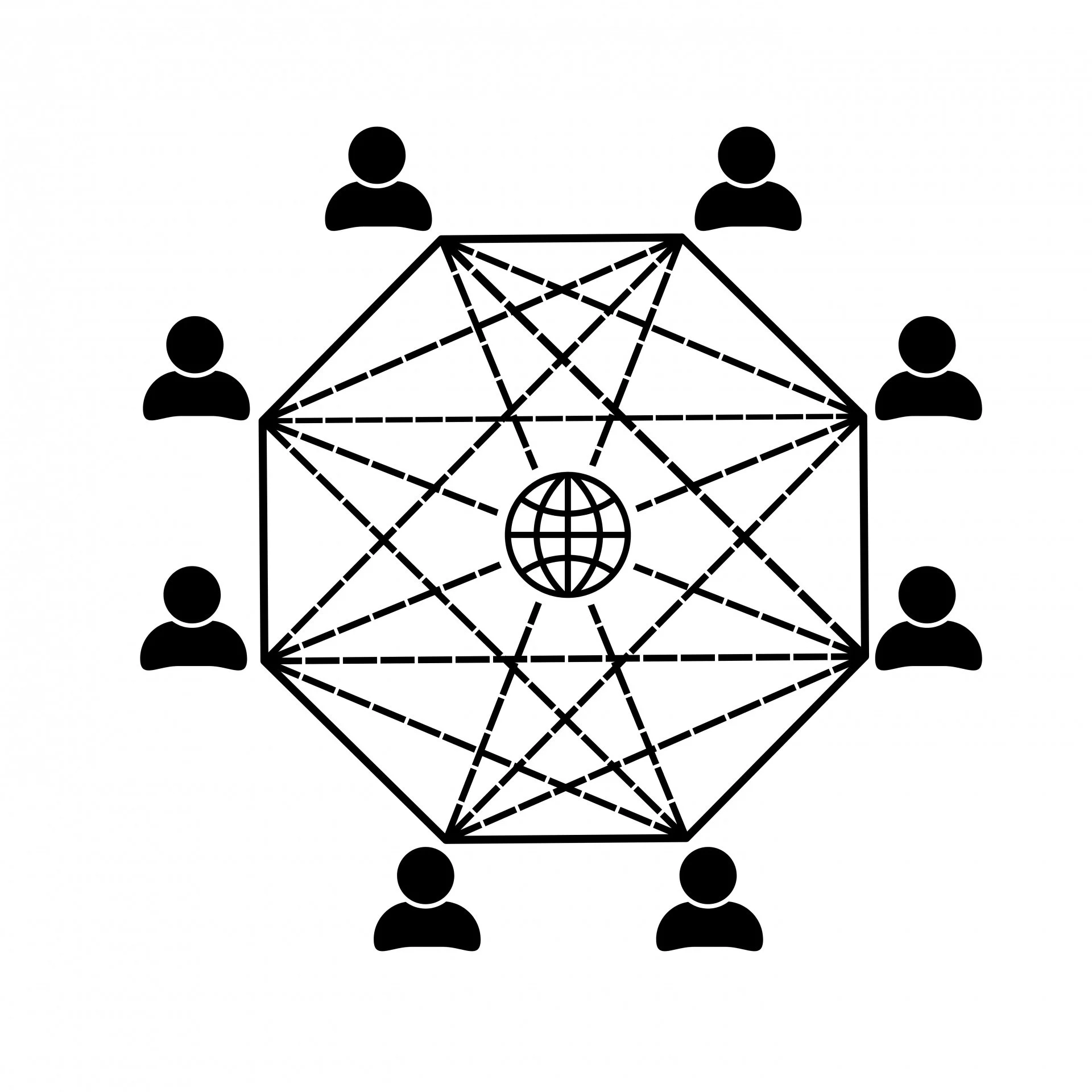 Line drawing of a diagram of a global network with multiple connected human icons around a central globe and interconnected lines.