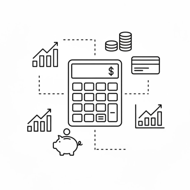 Line charts, a piggy bank, credit card, coins, and a calculator illustrating financial management and savings.