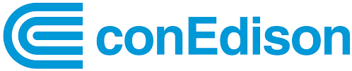 Con Edison company logo with stylized 'E' and bold blue text.