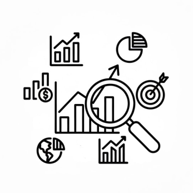Line drawing of financial and business growth icons including graphs, charts, a magnifying glass, and a globe.