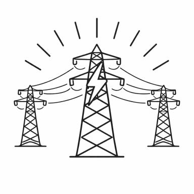 Line drawing of three electrical transmission towers with power lines and radiating lines indicating electricity or energy.