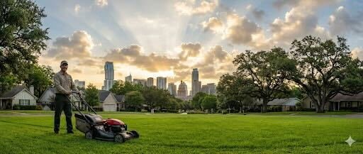 A man mowing a grassy field with a city skyline in the background during sunset.