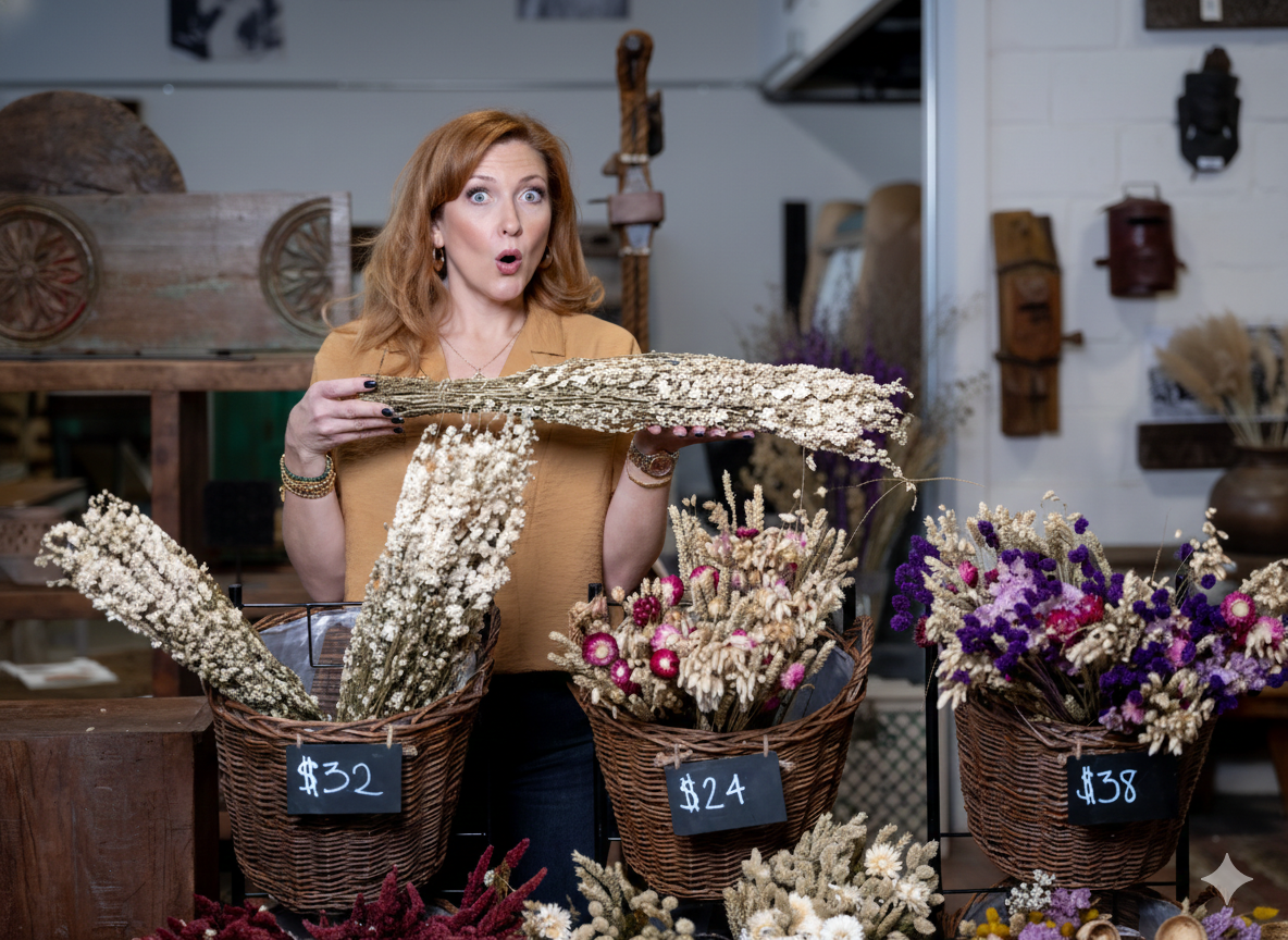 A woman with red hair and surprised expression shopping for dried flowers at a rustic store. She is holding a bunch of beige-colored dried flowers and there are three baskets of different dried flowers with price tags: $32, $24, and $38.