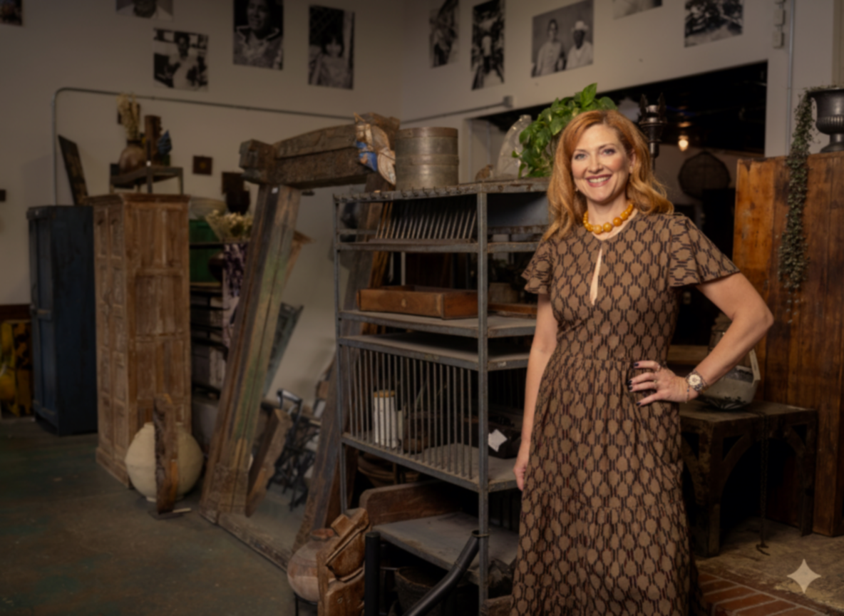 Woman with red hair, wearing a brown patterned dress and yellow necklace, standing in an antique store surrounded by wooden furniture and decor.