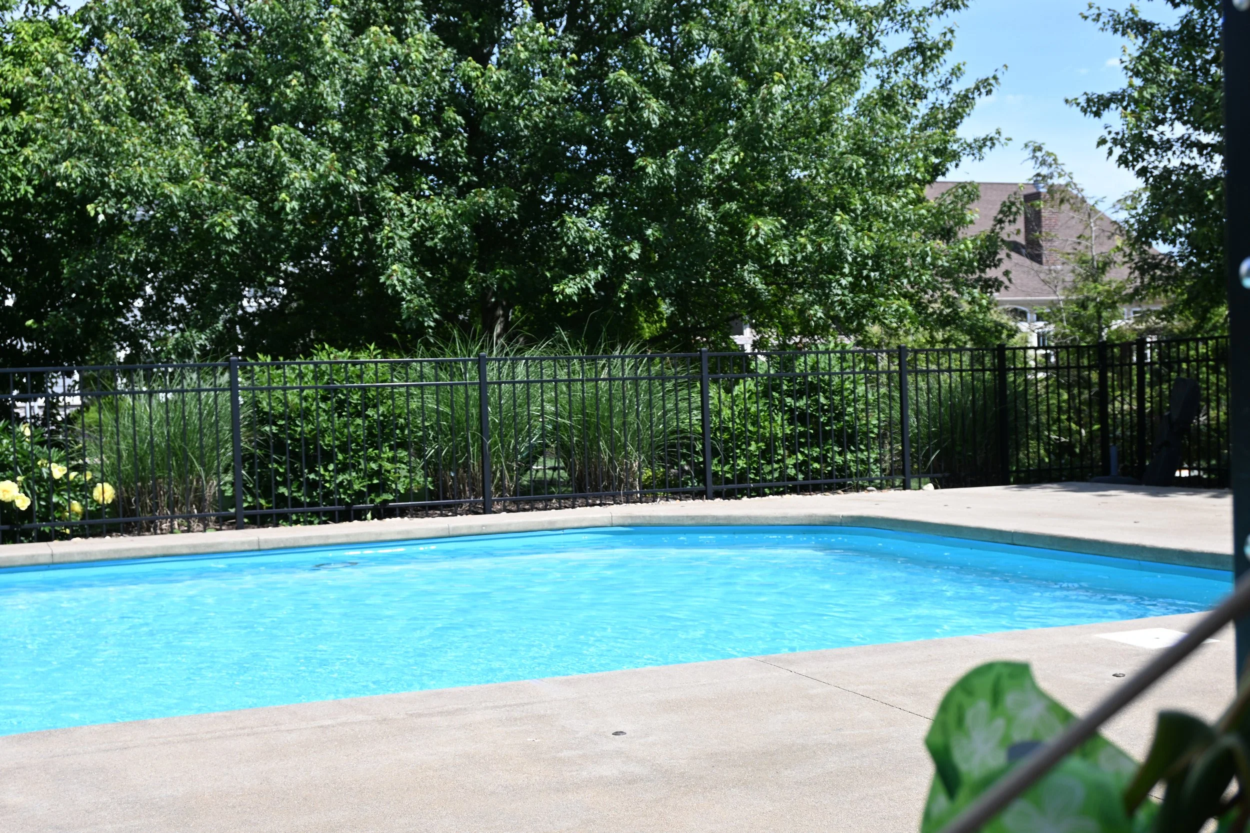 Black aluminum fence around an in-ground pool in backyard