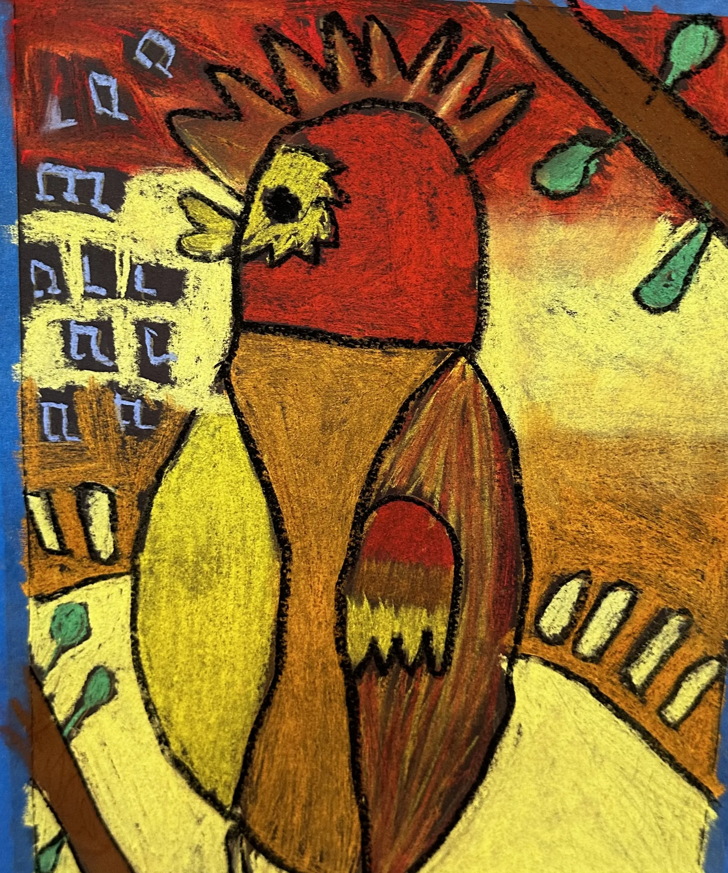 Colorful abstract drawing featuring a bird with a yellow head, red body, and brown wings, surrounded by bright, vibrant background colors including yellow, red, and orange, with geometric and organic shapes.