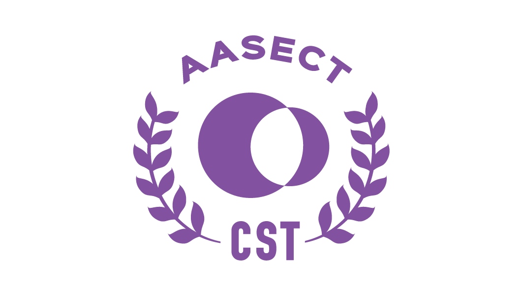 Purple logo with two overlapping moons surrounded by laurel leaves, with the words "AASECT" above and "CST" below.