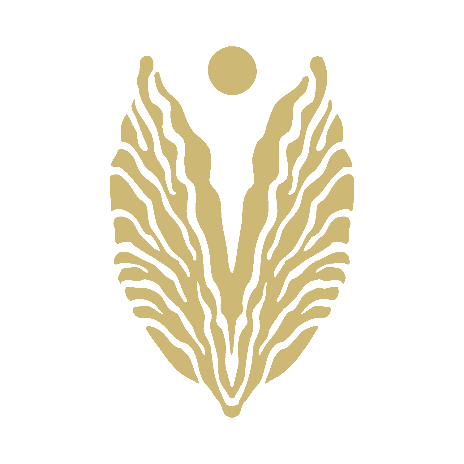 A gold and white stylized depiction of a pine cone with a sun above it.