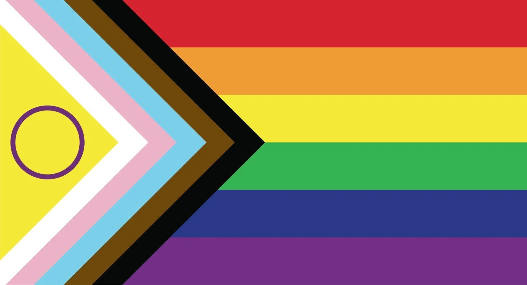 A pride flag with a large yellow triangle and a purple circle on the left, with horizontal stripes of red, orange, yellow, green, blue, and purple on the right.