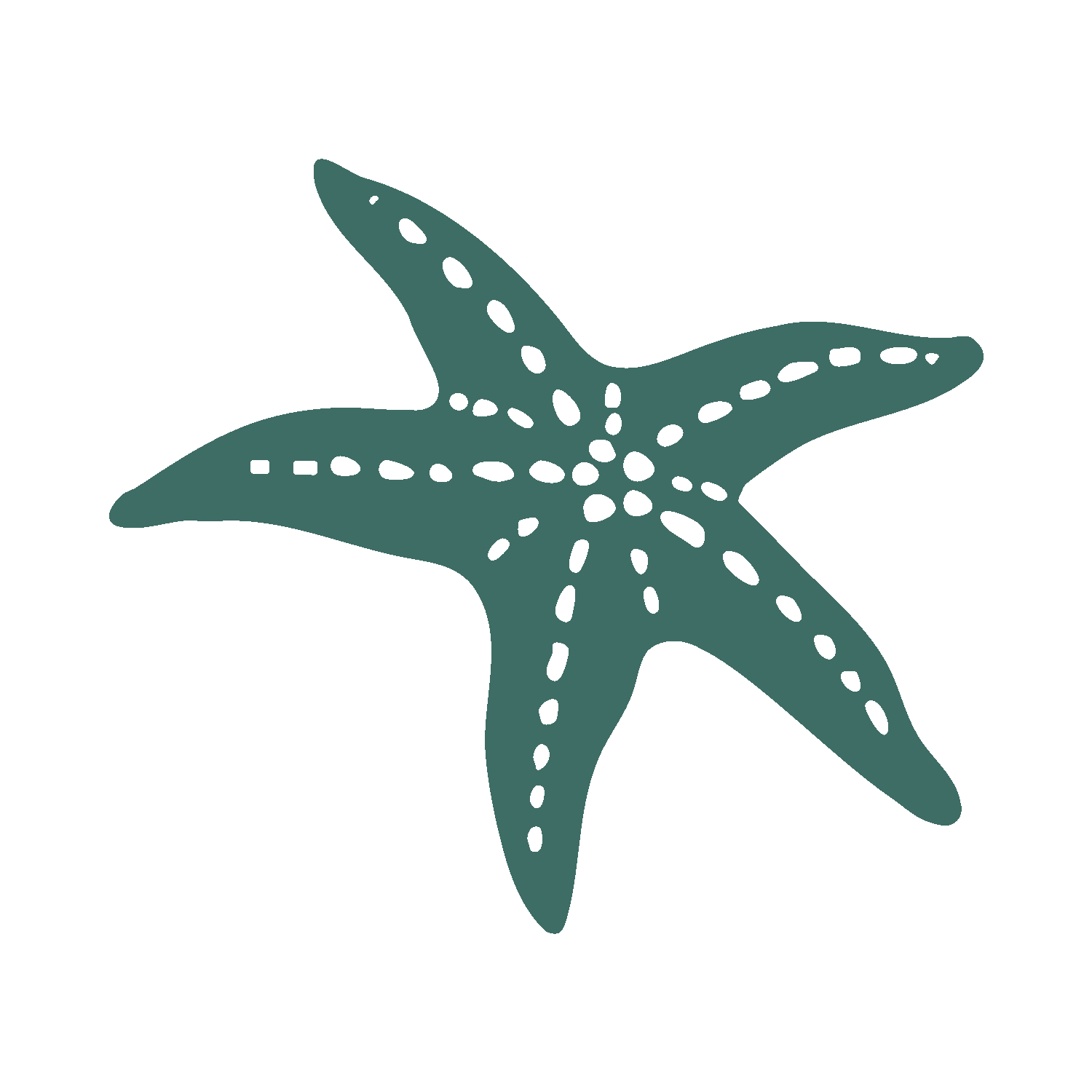 A stylized illustration of a starfish with dotted lines indicating interior structure, set against a black background.
