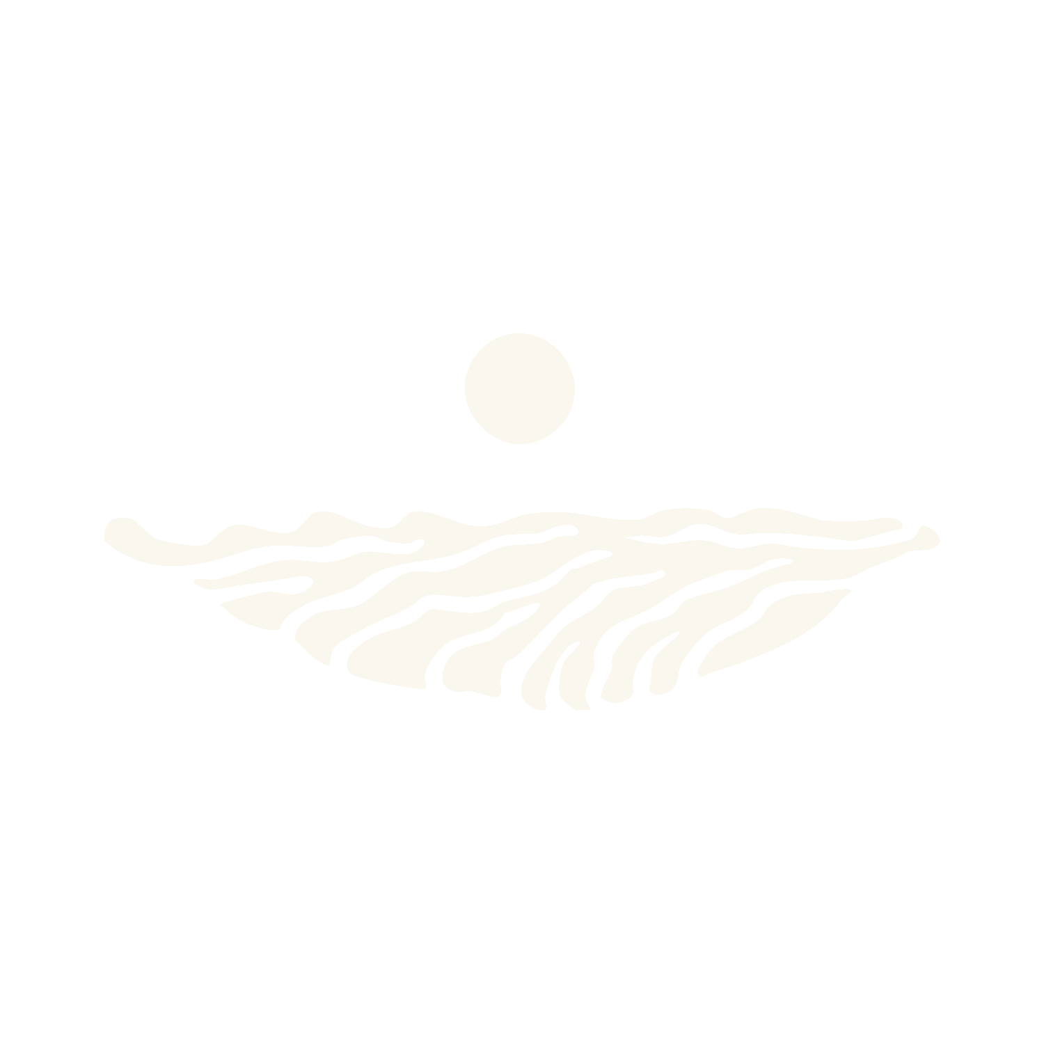 Black and white illustration of a landscape with a full moon, a body of water, and land with wavy lines representing terrain.