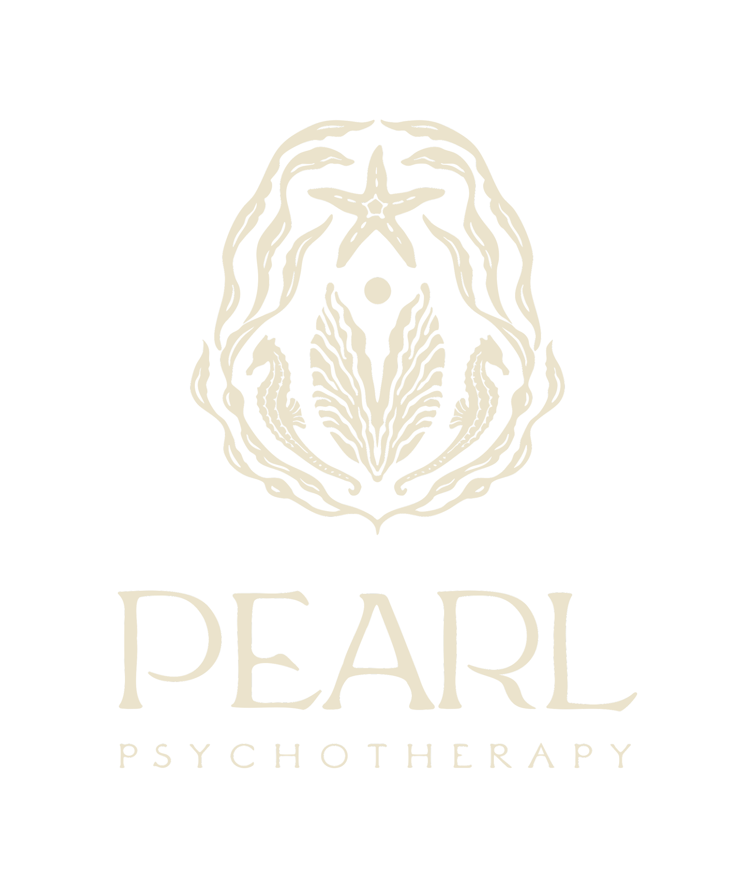 Logo of Pearl Psychotherapy featuring a stylized shell and starfish design above the words 'PEARL PSYCHOTHERAPY' on a black background.