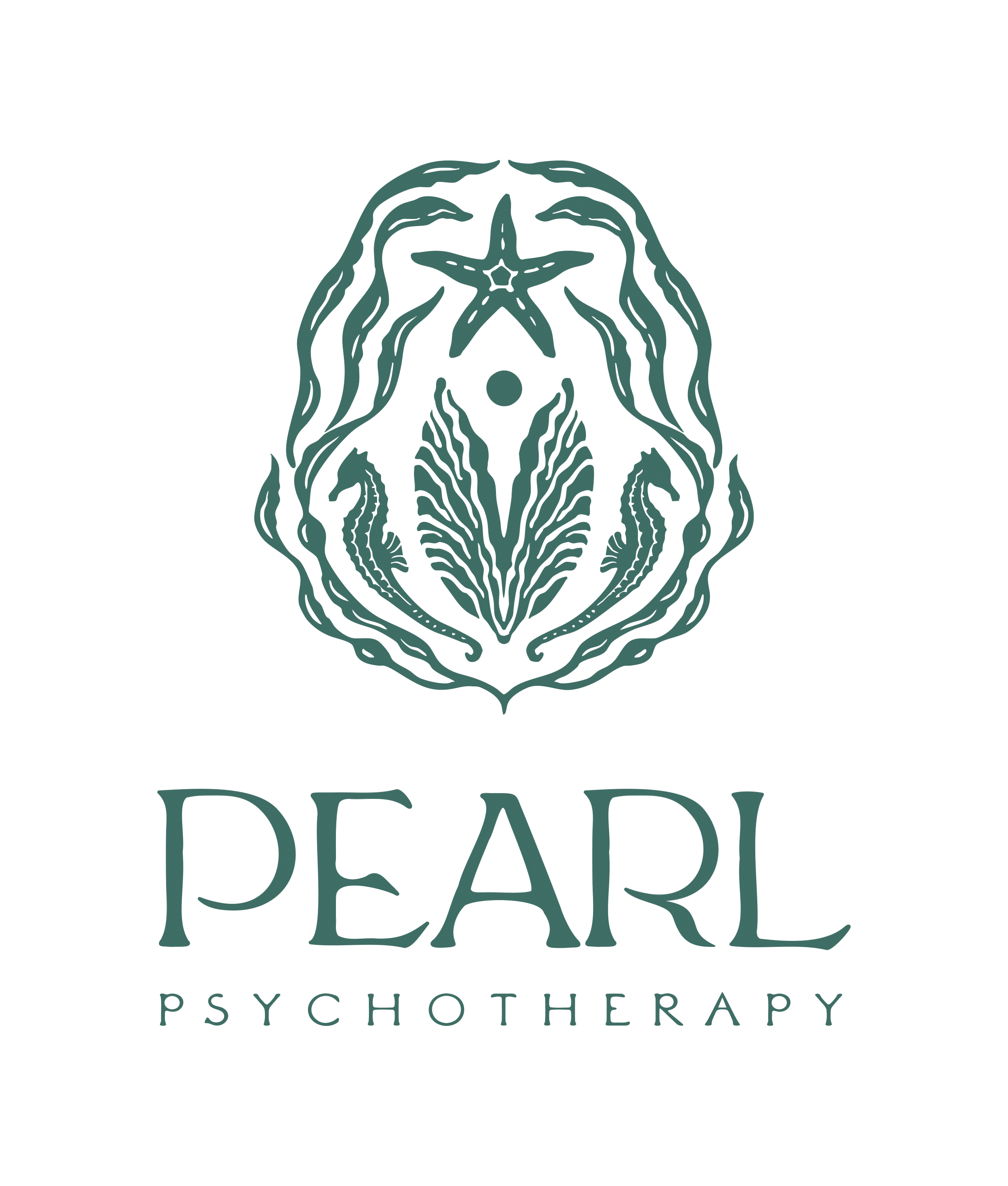 A logo for Pearl Psychotherapy. The logo features a stylized oyster and pearl in turquoise with a starfish above it and seahorses are on each side of the oyster. Below the starfish, the text reads “Pearl Psychotherapy in large elegant letters.