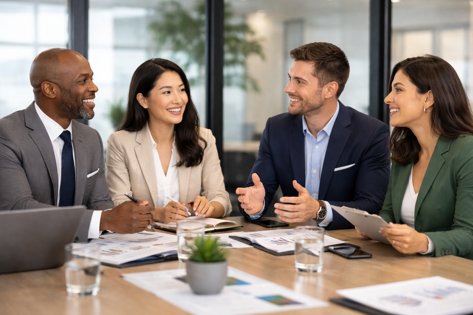 A diverse group of five professionals having a meeting and engaging in a conversation at a conference table in an office.