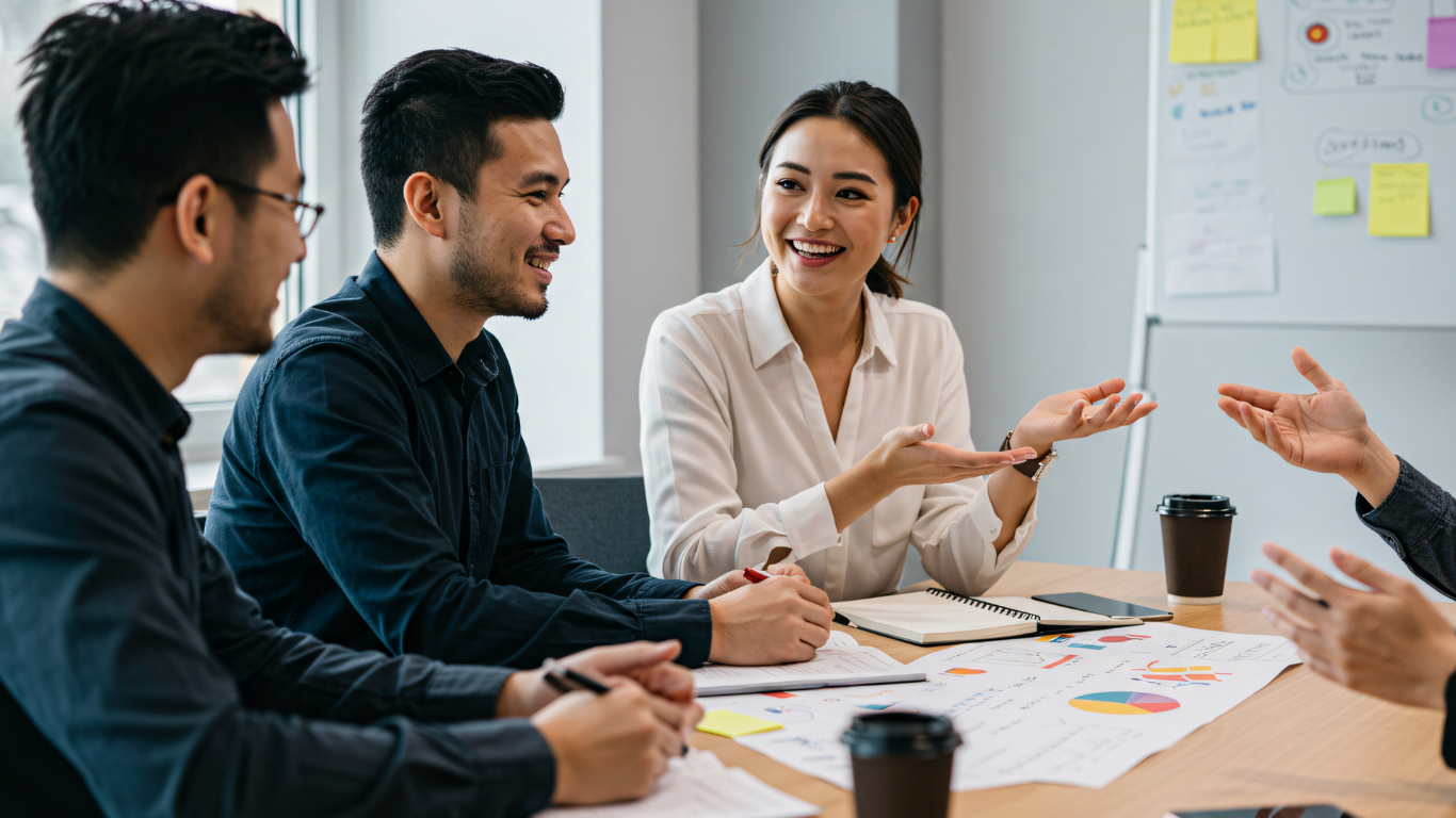 A diverse group of four colleagues having a discussion around a table, with charts and notes in a meeting room.