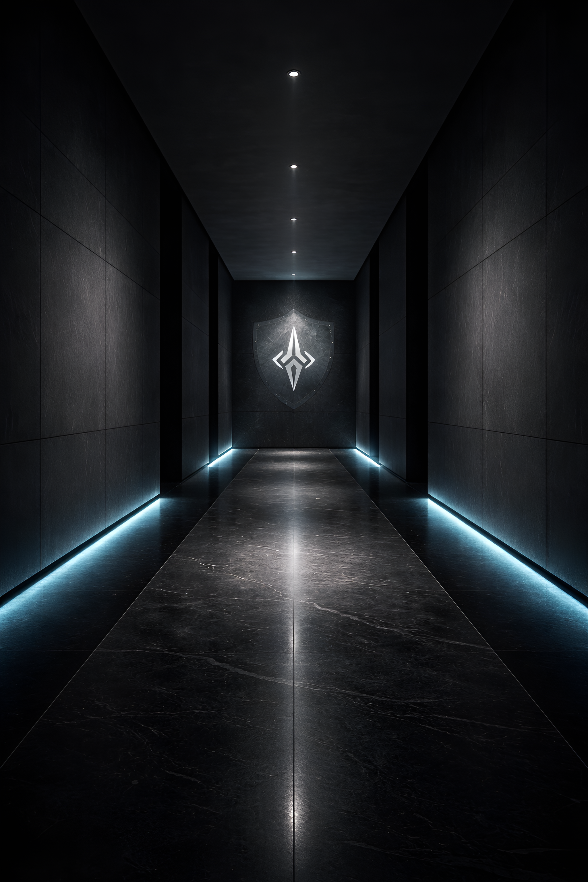 A dark, futuristic corridor with black walls, ceiling, and floor illuminated by small recessed lights and LED strip lighting along the edges. At the end of the corridor, a glowing emblem is displayed on the wall.