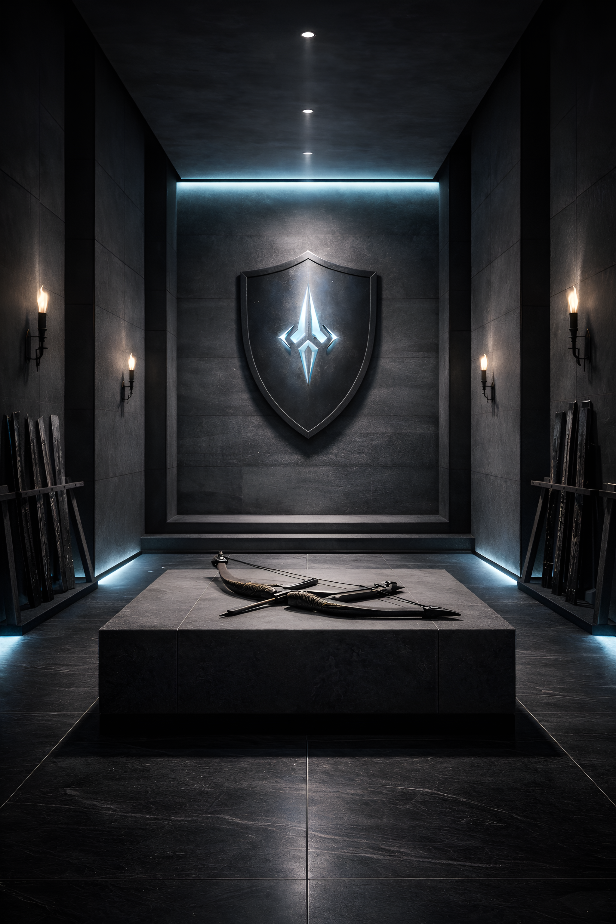 A dark, modern room with a large emblem on the wall and a display of two arrows on a platform.