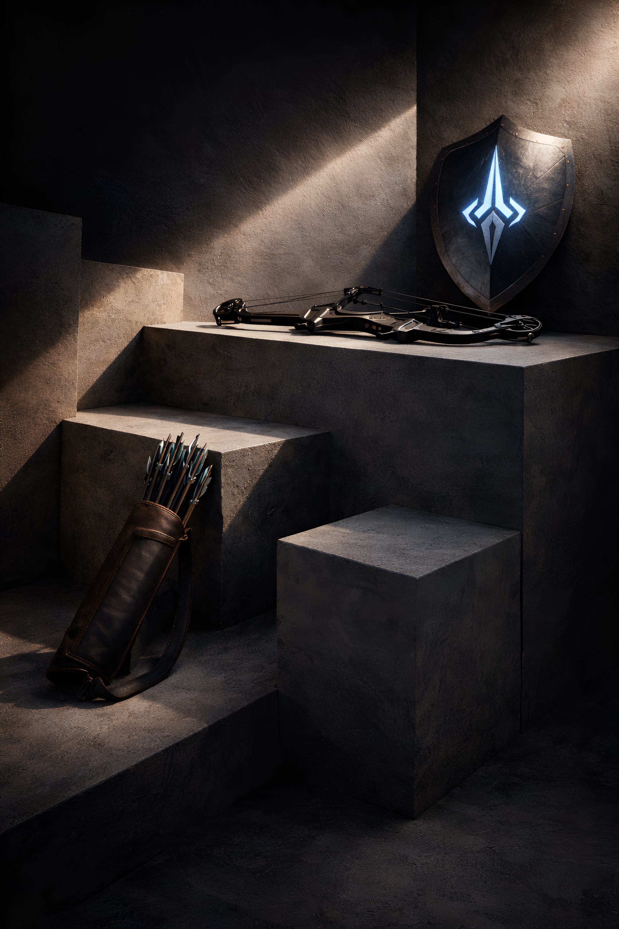 A dark setting with a shield bearing a blue emblem, a modern compound bow, and a quiver of arrows on tiered stone platforms.