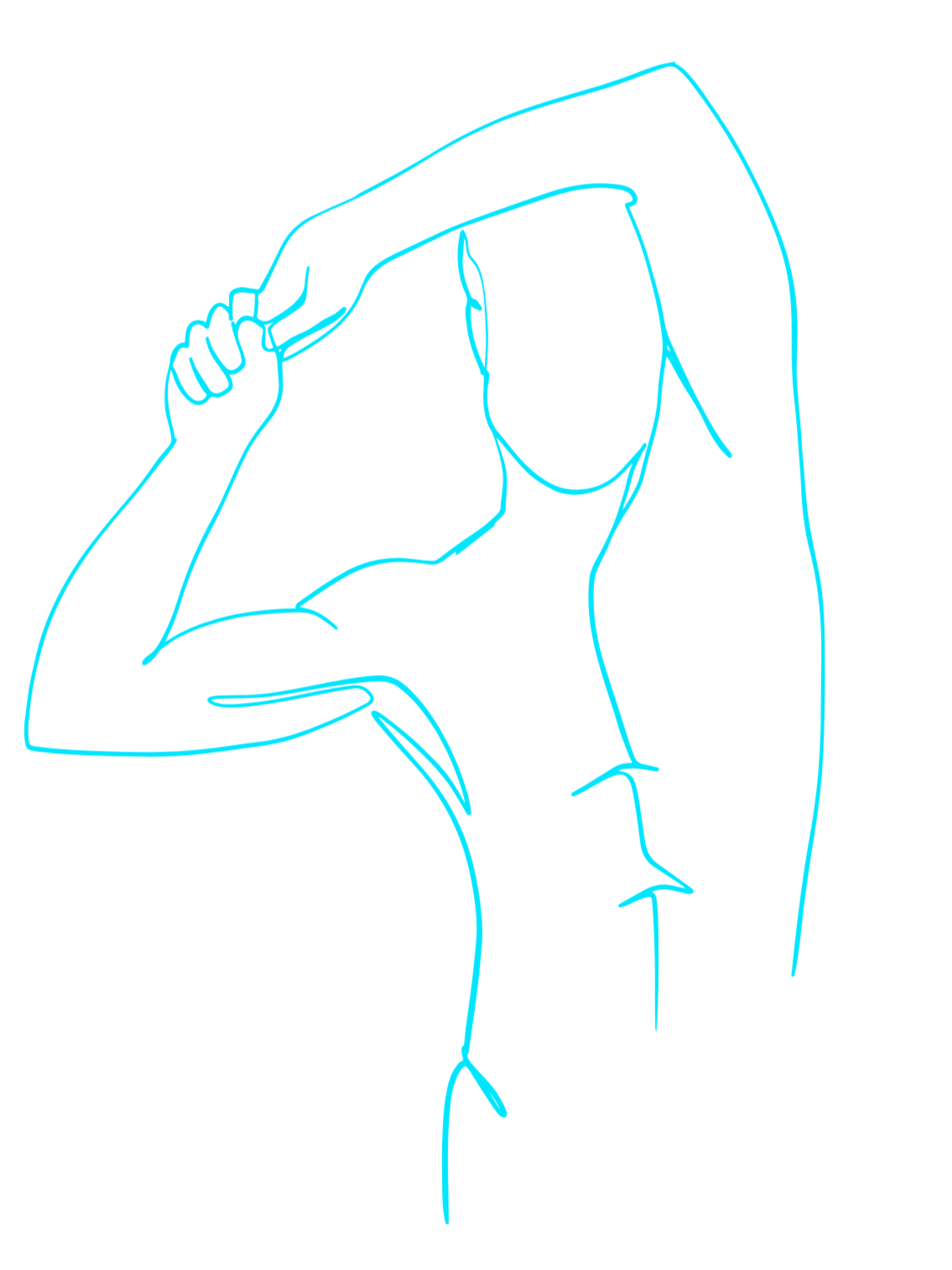 Outline of a woman with long hair, shielding her eyes from the sun with her hand, depicted with blue neon lines on a black background.