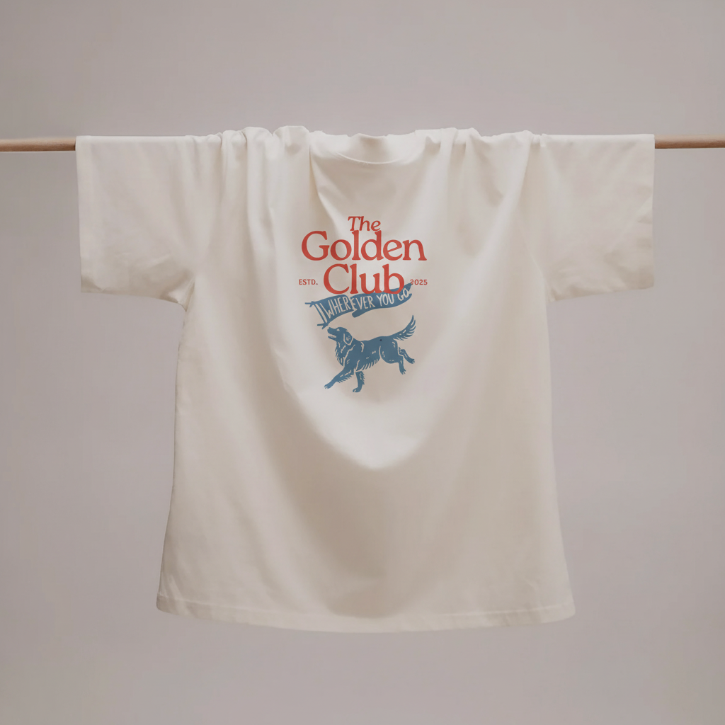 A white T-shirt hanging on a wooden rod, with a design that reads 'The Golden Club ESTD. 2025' in large red letters, and an illustration of a lion with a banner that says 'WHEREVER YOU GO' in blue.