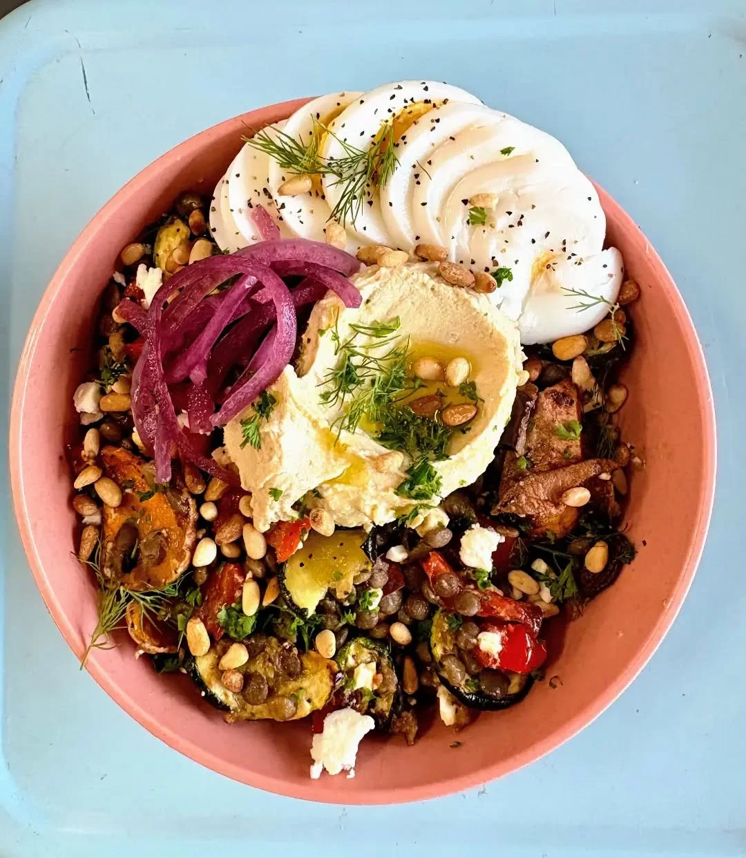 All the Roasted Veggies on the grain bowl this week are enough to salivate over, but this house-made hummus I could eat all day!
