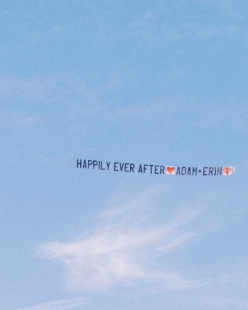 A sky banner that reads 'HAPPILY EVER AFTER' with a heart symbol, the names 'ADAM + ERIN', and butterfly symbols on each end.