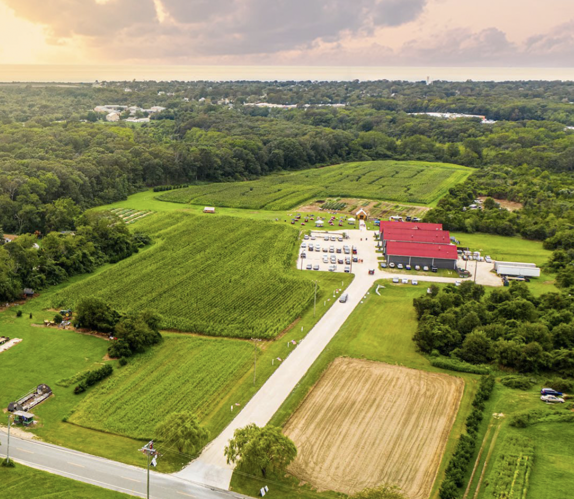 Aerial view of a rural farm with green fields, a parking lot, and a building with red roofs, surrounded by trees and farmland.