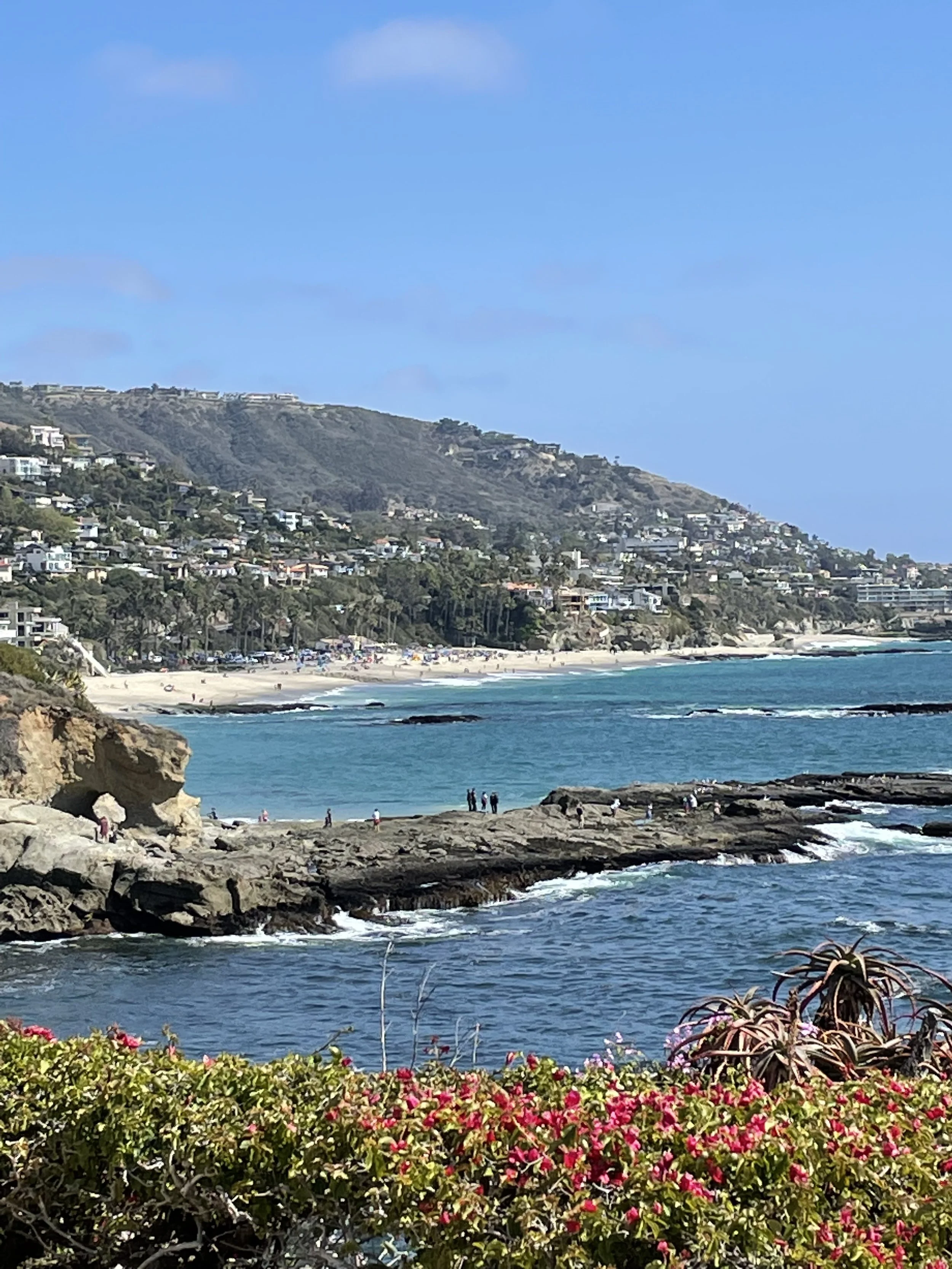 A coastal scene with a rocky shoreline, turquoise ocean waves, sandy beach, and hillside with residential houses under a blue sky.