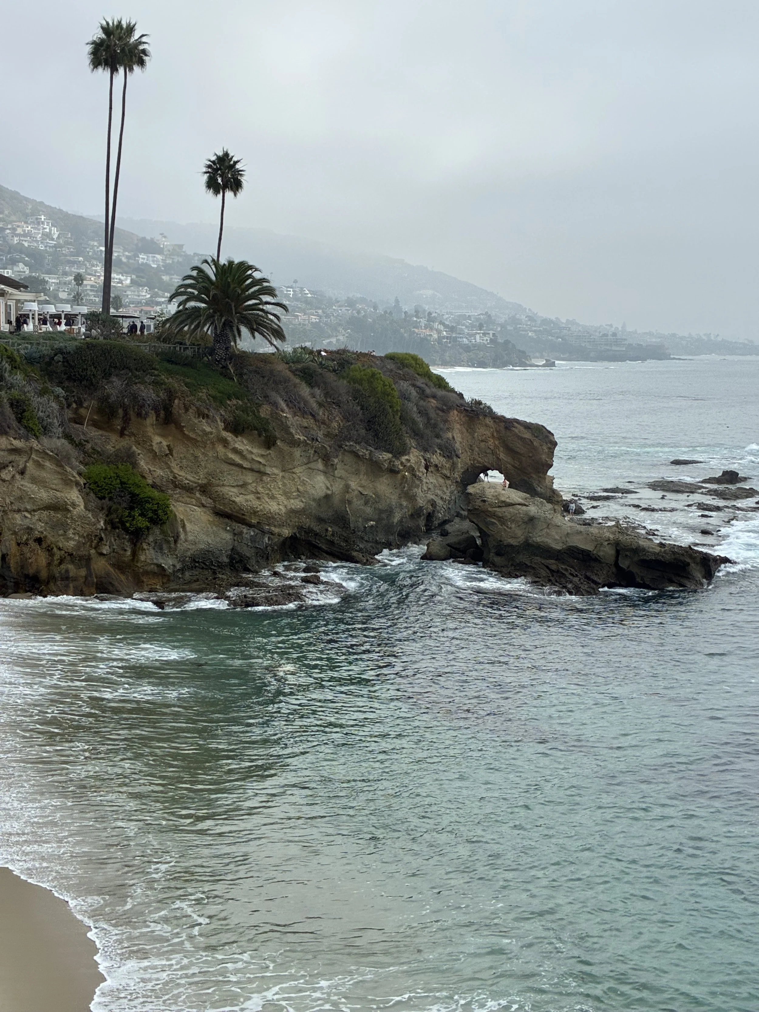A rocky coastline with a small cave opening, palm trees, and coastal houses with a hillside in the background, under a cloudy sky.