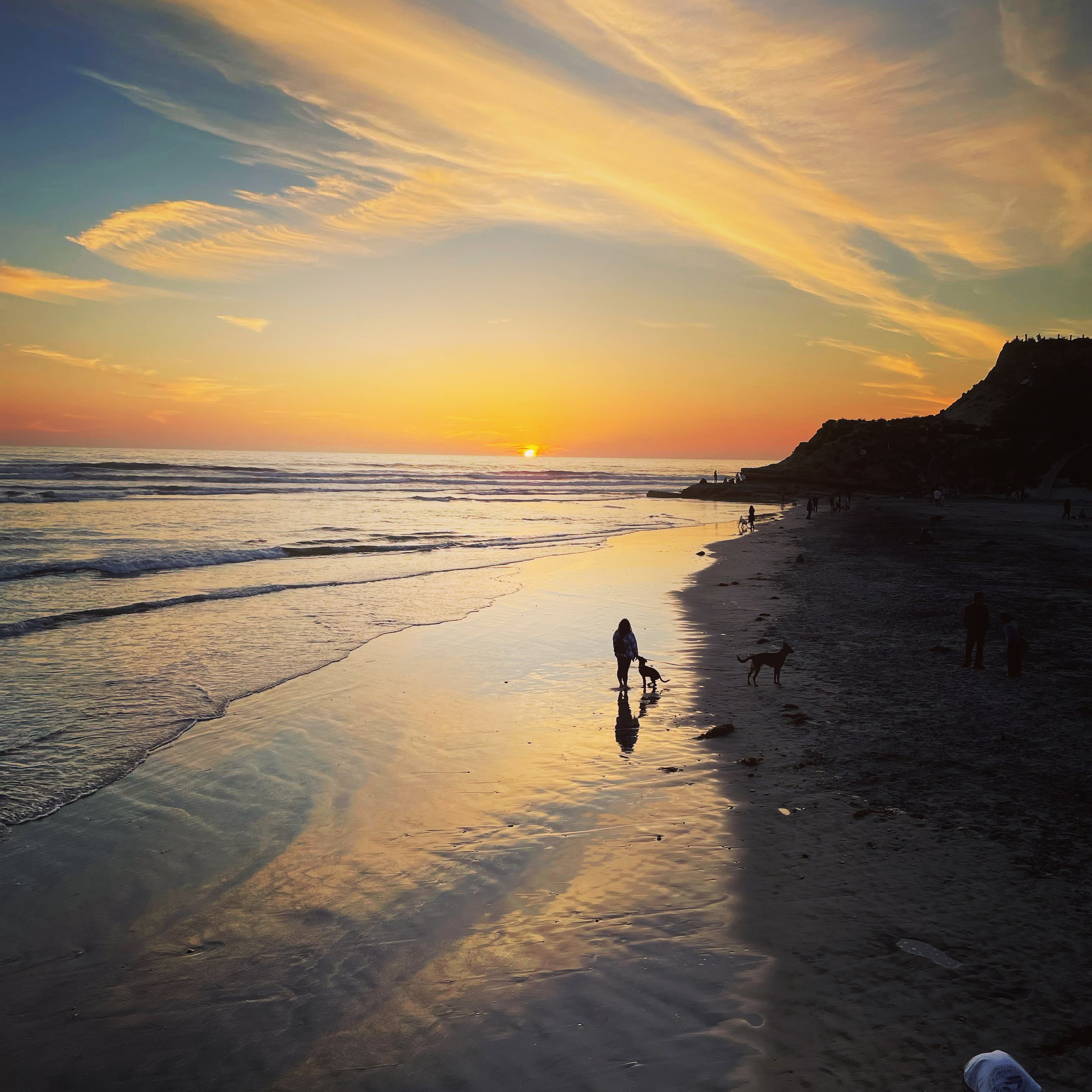 Sunset at the beach with people walking and dogs, reflecting colorful sky and clouds on wet sand, with a hillside on the right.