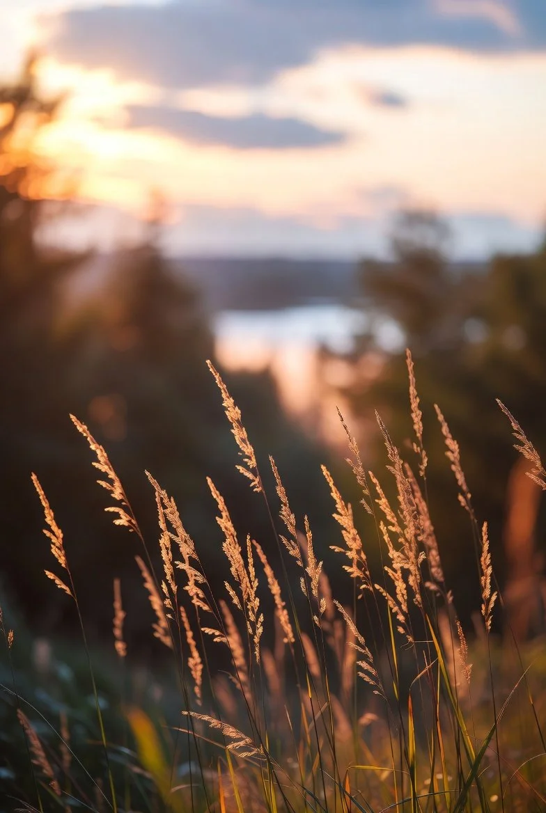 Blurred sunset sky with clouds in the background and tall grass illuminated by warm sunlight in the foreground.