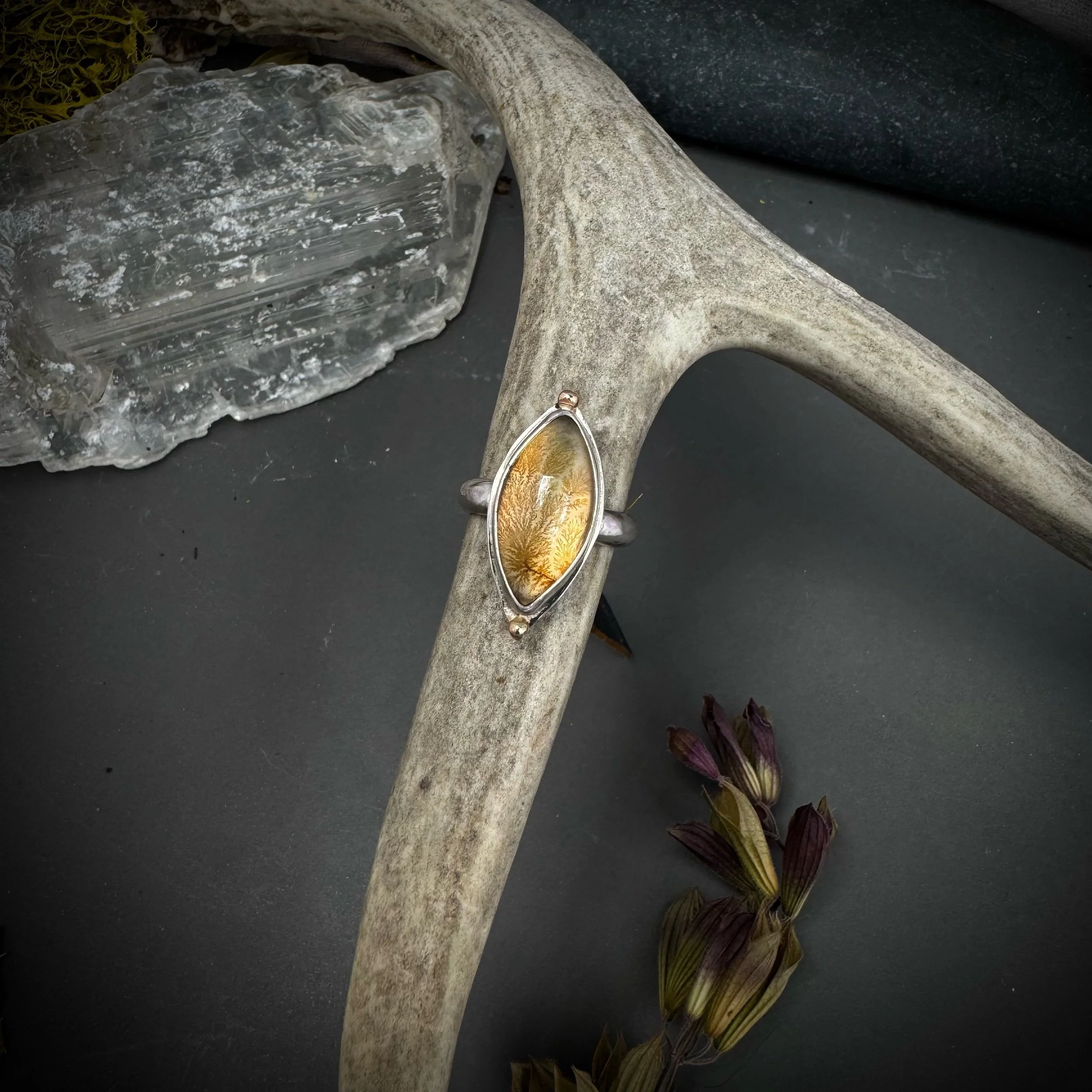Sterling silver ring with marquise dendritic agate quartz doublet showing feathery branching patterns