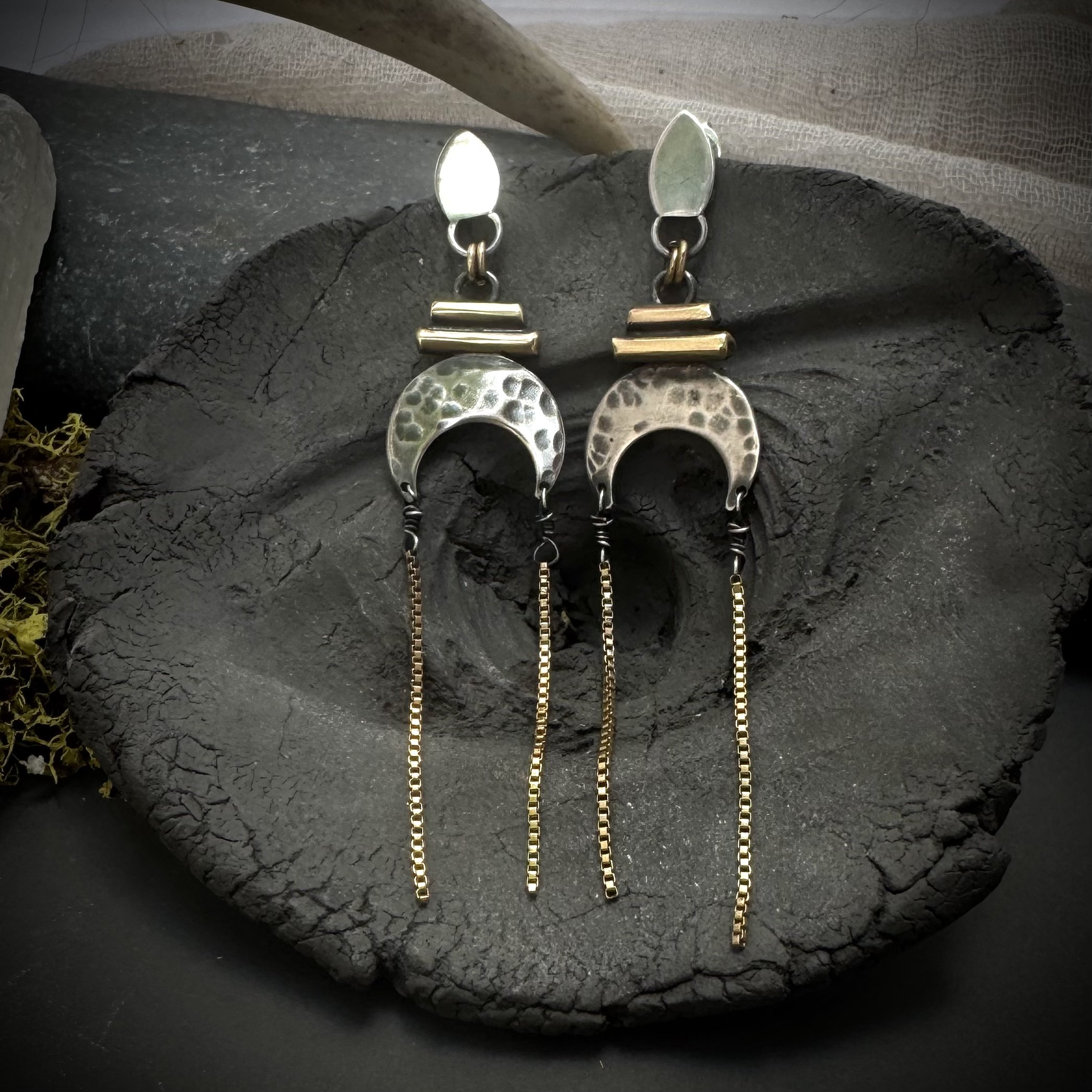 Sterling silver and brass drop earrings with hammered crescent moon and pillar-style bail