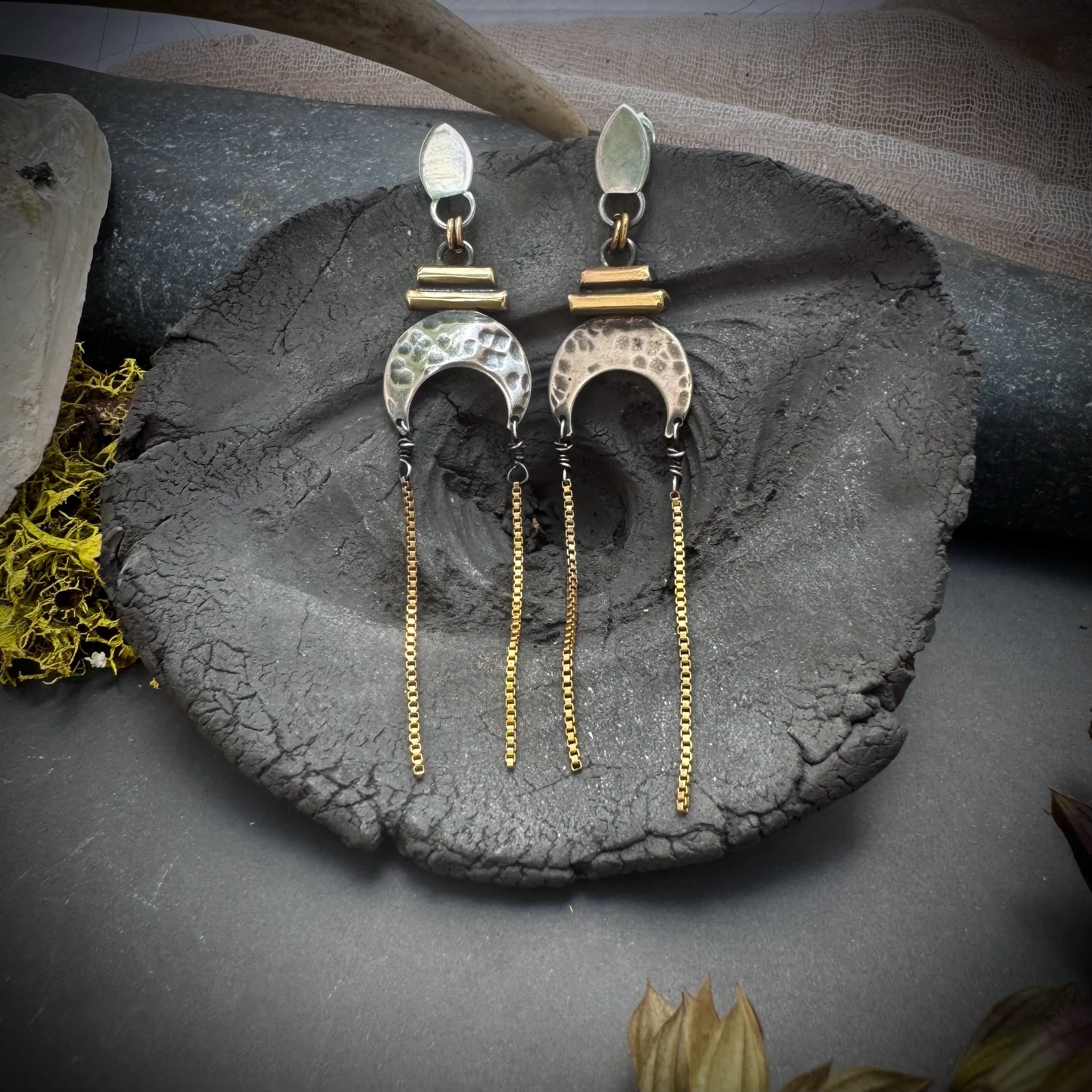 Temple of the Moon silver and gold earrings