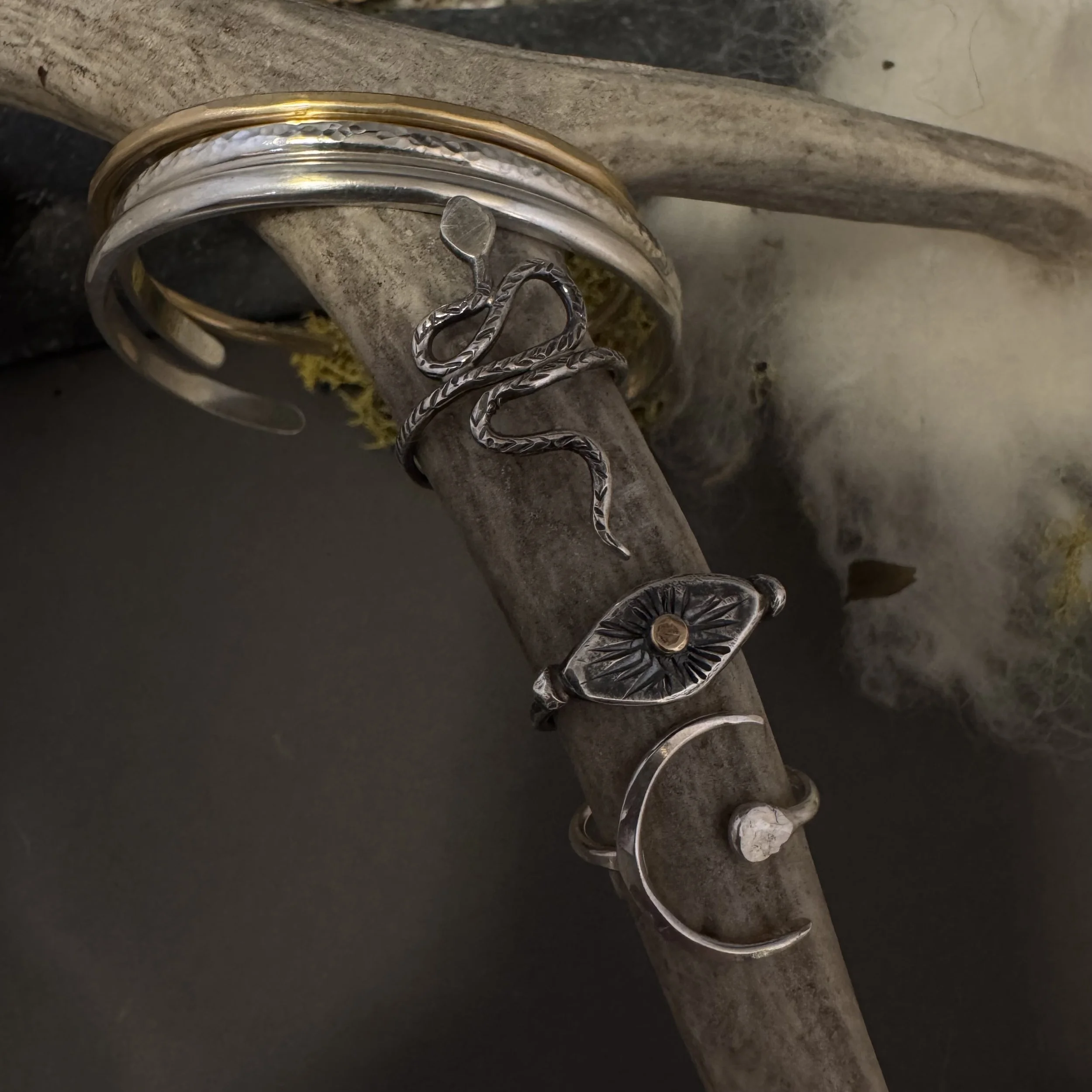 Close-up of silver jewelry pieces including rings, with one designed as a snake, a ring with an eye motif, and a plain circular band, arranged on a metallic and natural background.