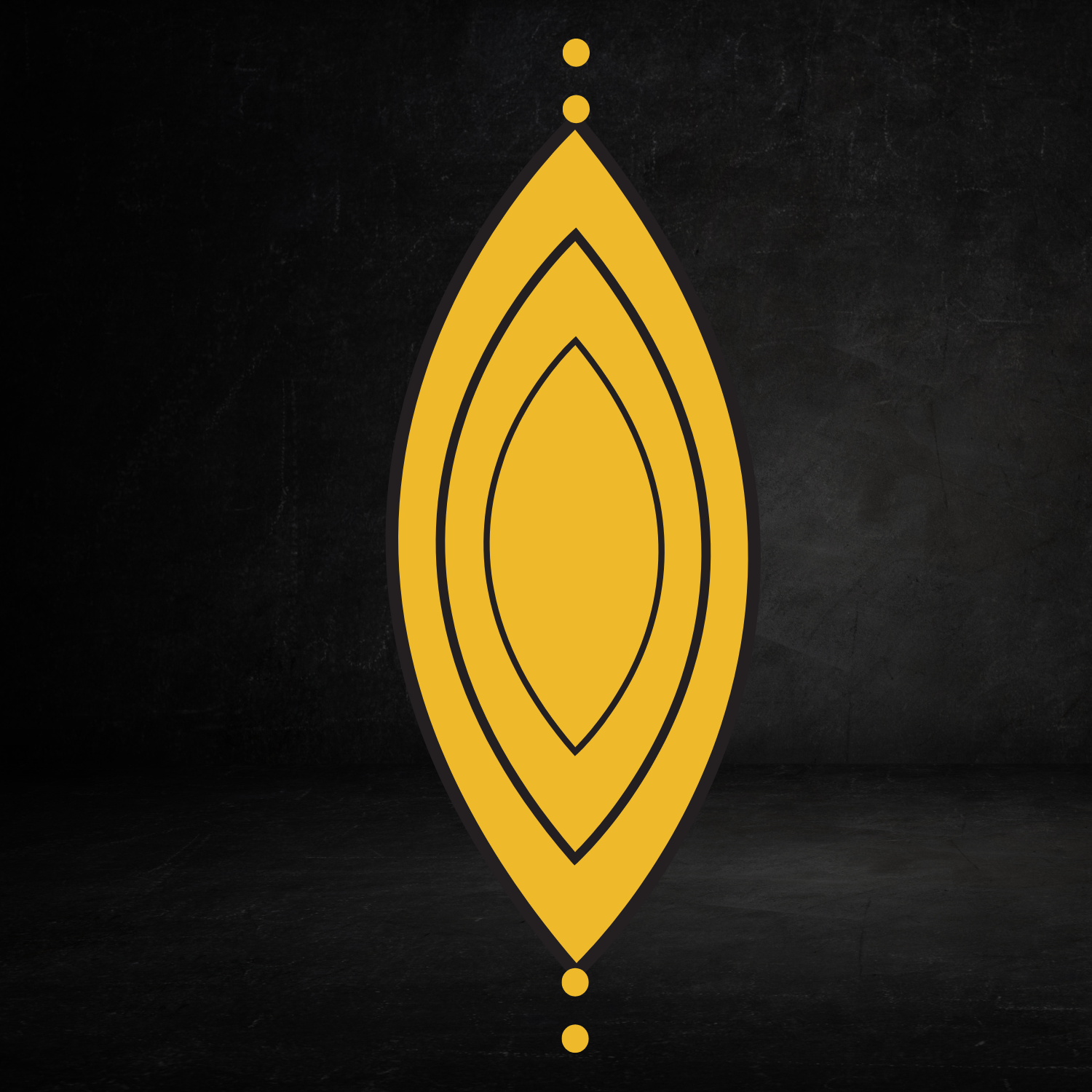 Yellow geometric vesica piscis shape with black outlines and dots on a dark background, representing the symbol of generation, the mother archetype and the womb