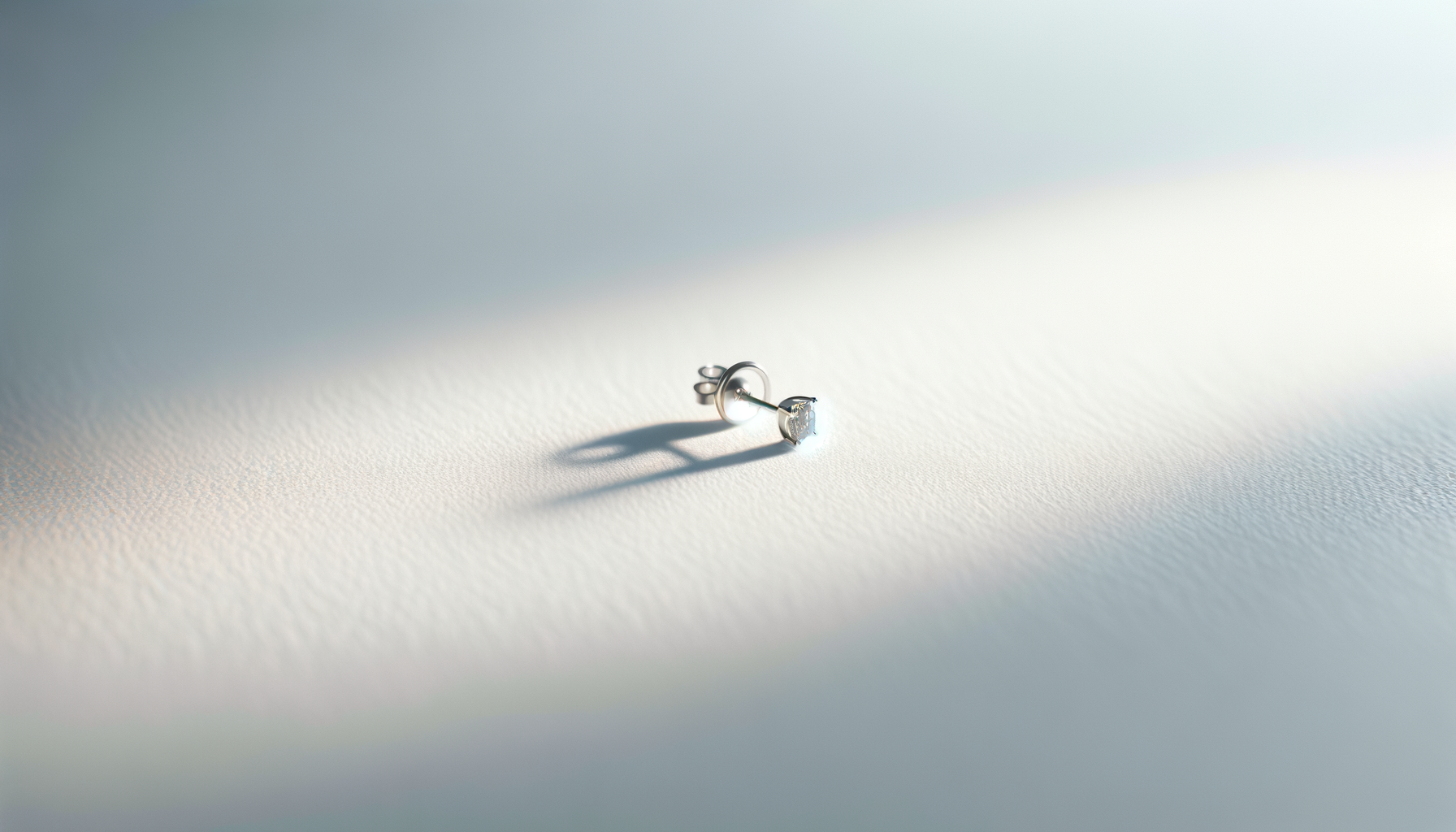Single silver earring with gemstone lying on a textured white surface, casting a shadow.