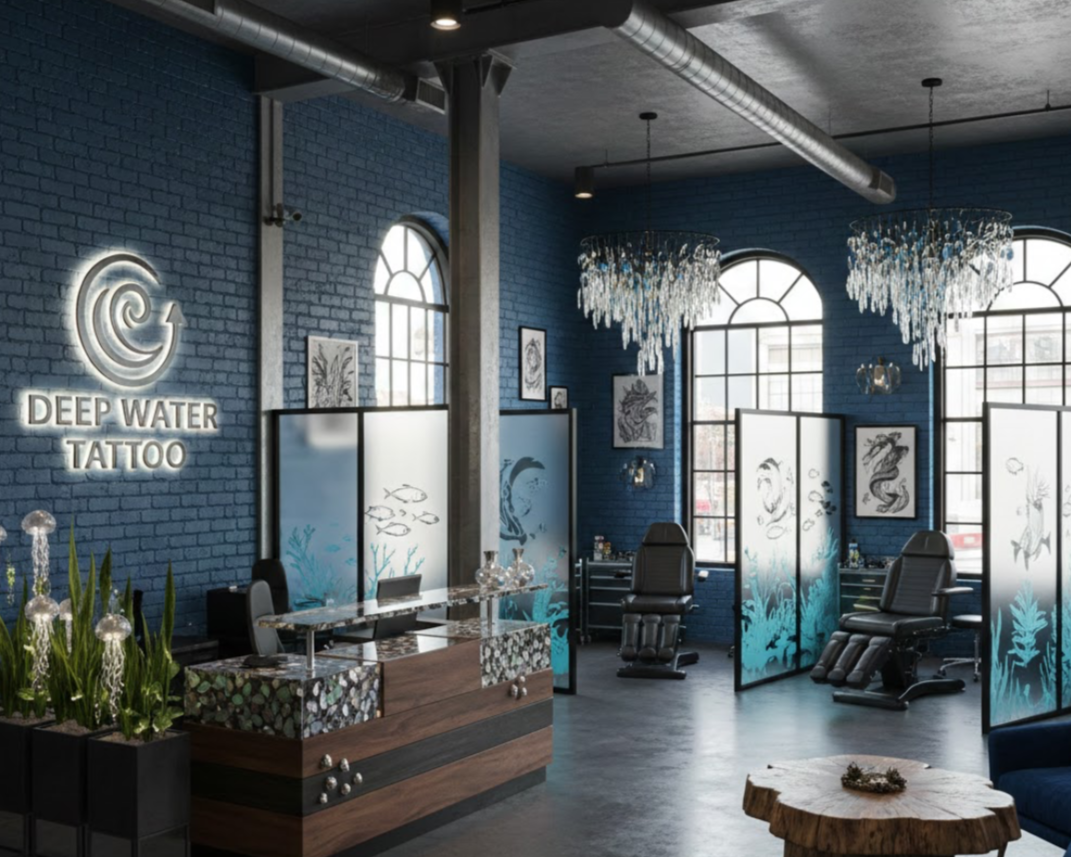 Interior of a tattoo studio with blue brick walls, large arched windows, modern chandeliers, tattoo chairs separated by dividers with ocean-themed designs, and framed artwork on the walls.