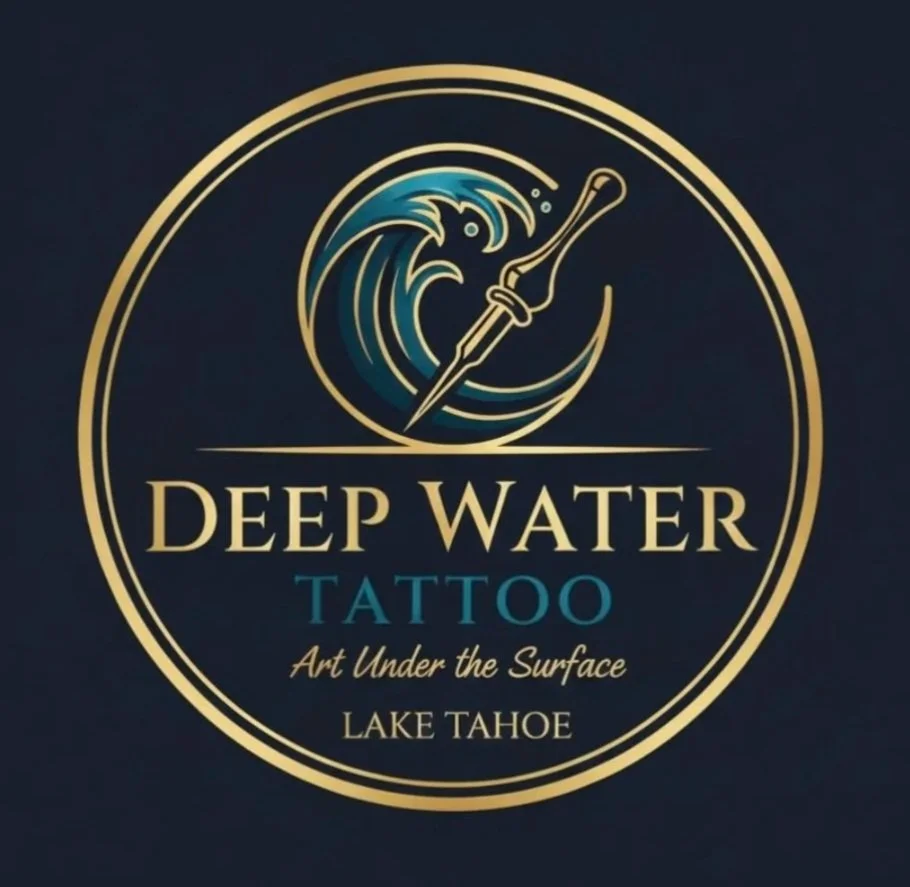 Logo for Deep Water Tattoo featuring a wave and a tattoo needle with the text "Art Under the Surface" and "Lake Tahoe."