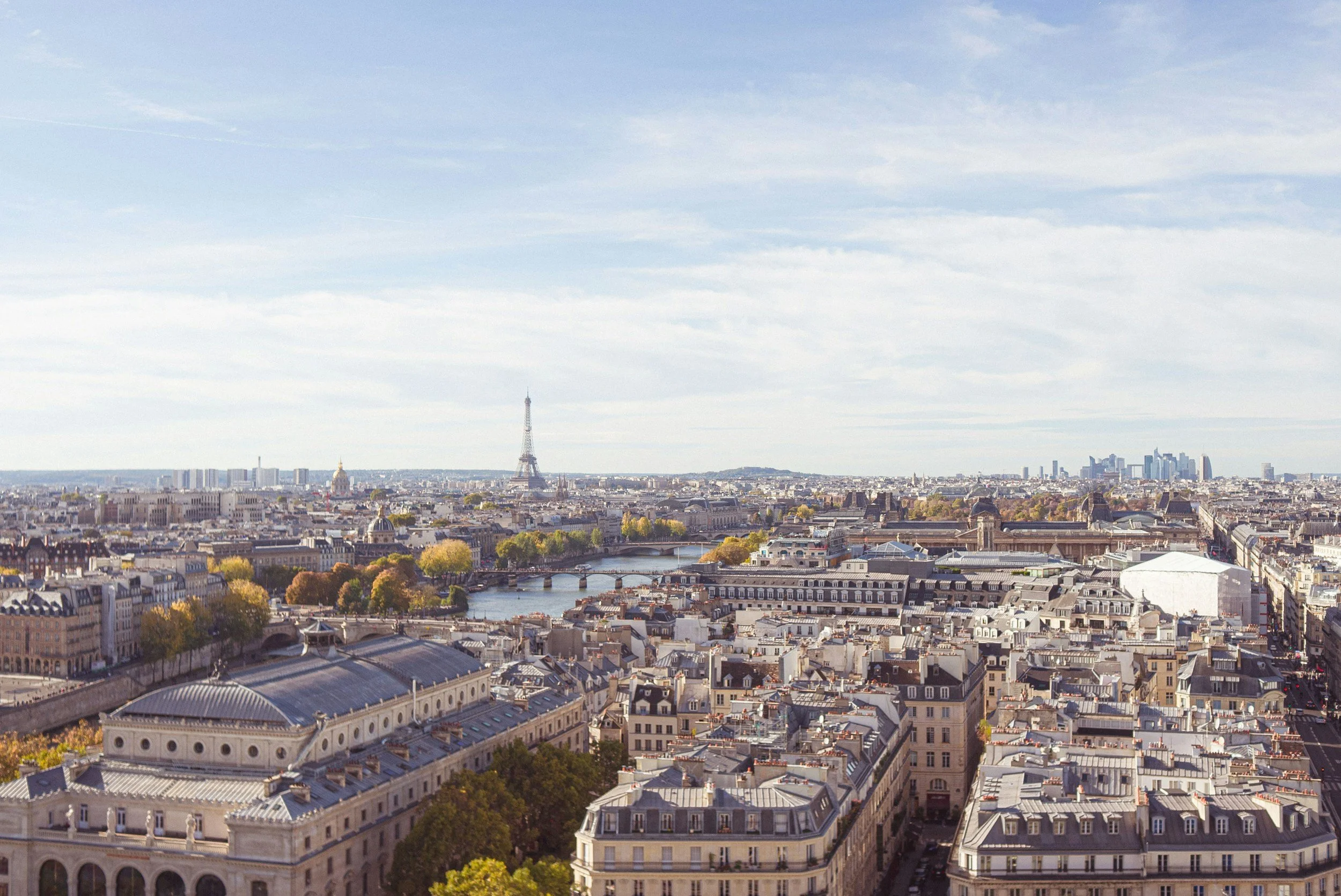 Vue panoramique de Paris avec la Tour Eiffel au centre, la Seine et des bâtiments historiques, ciel partiellement nuageux.