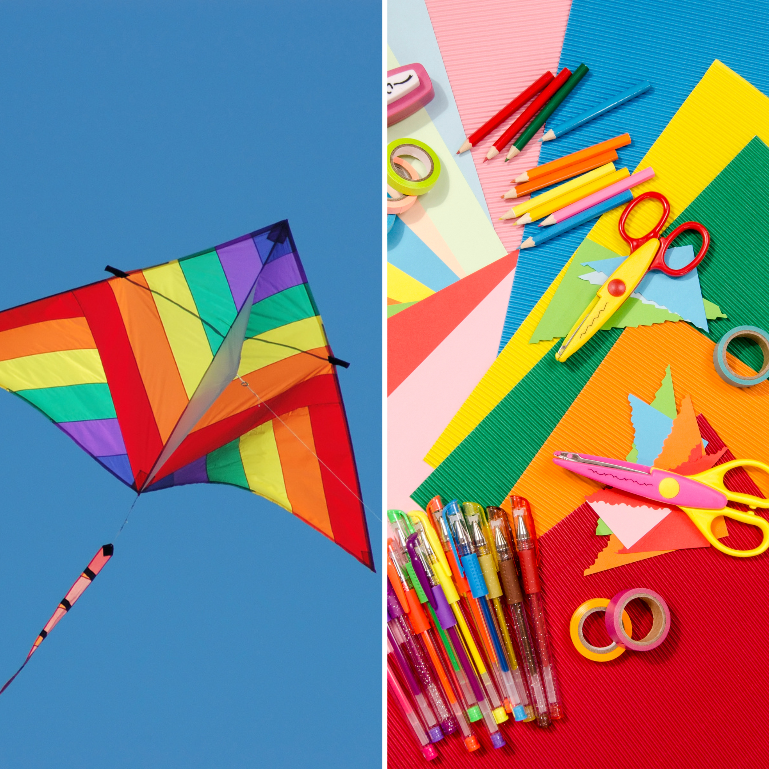 A colorful rainbow kite flying in the sky on the left side, and on the right side, a variety of art and craft supplies including colored paper, scissors, markers, and tape on a multicolored background.
