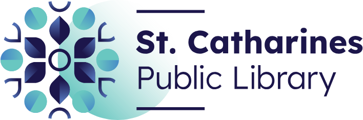 Logo for St. Catharines Public Library featuring a snowflake shape in different shades of blue.