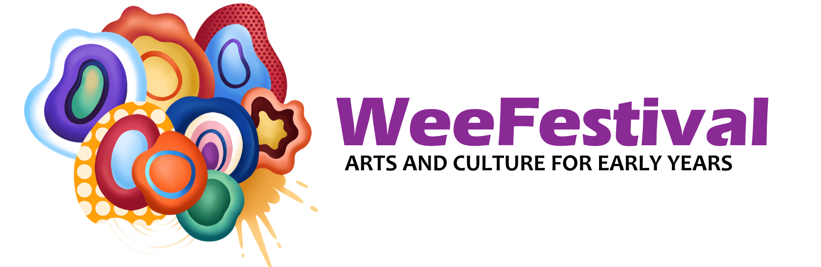 Logo for "WeeFestival Arts and Culture for Early Years". Colourful abstract shapes resembling a cluster of bubbles or blobs with various patterns, alongside the text  in purple and black.