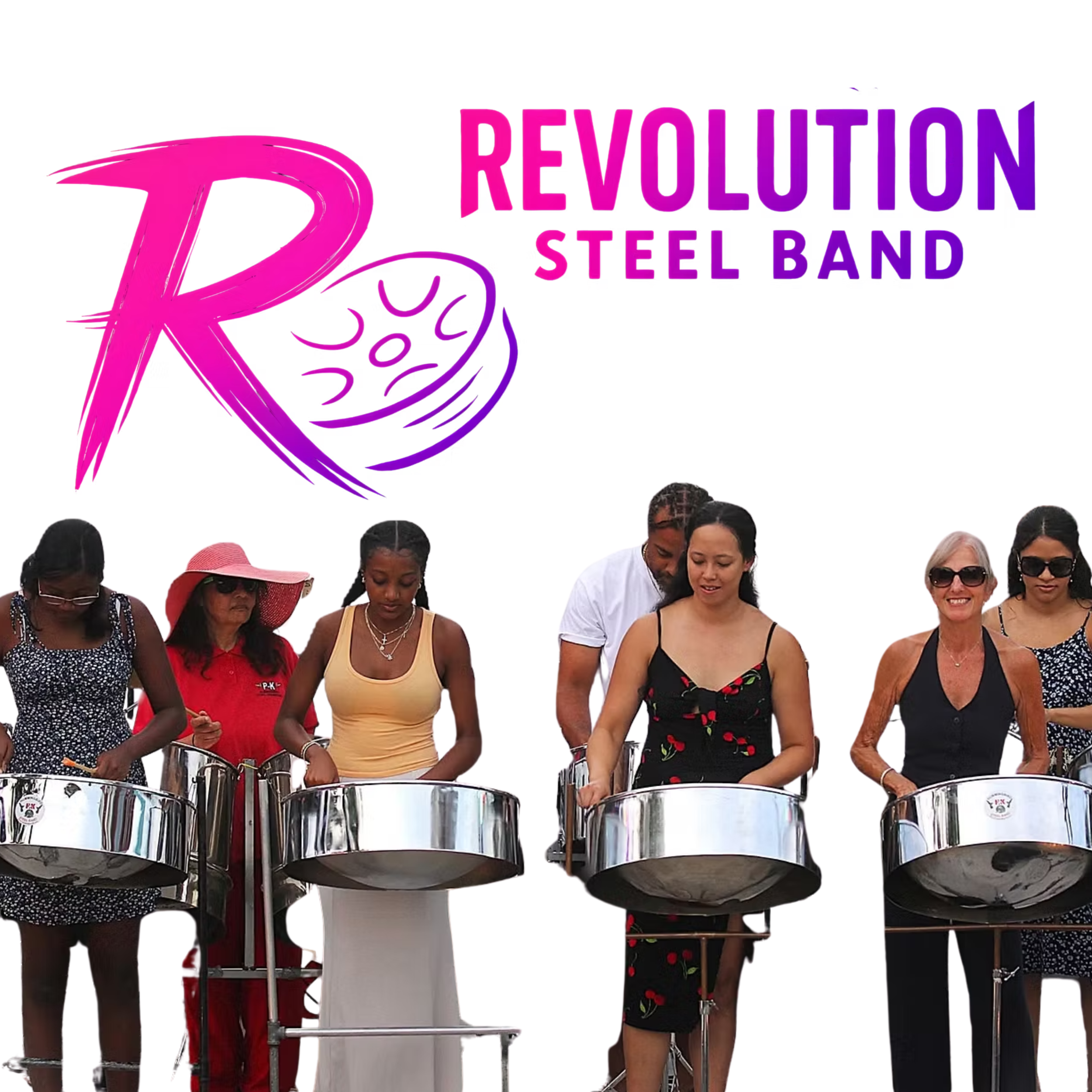 A group of people playing steel drums outdoors, with a large logo in the background that reads 'Revolution Steel Band' in pink and purple text.